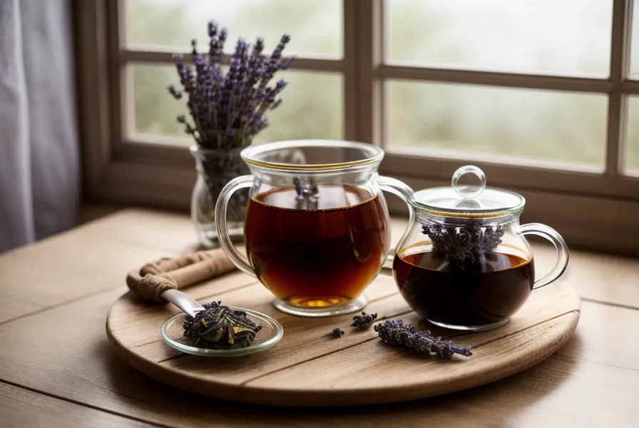 Infusion aux herbes et crème à la lavande maison sur une table en bois