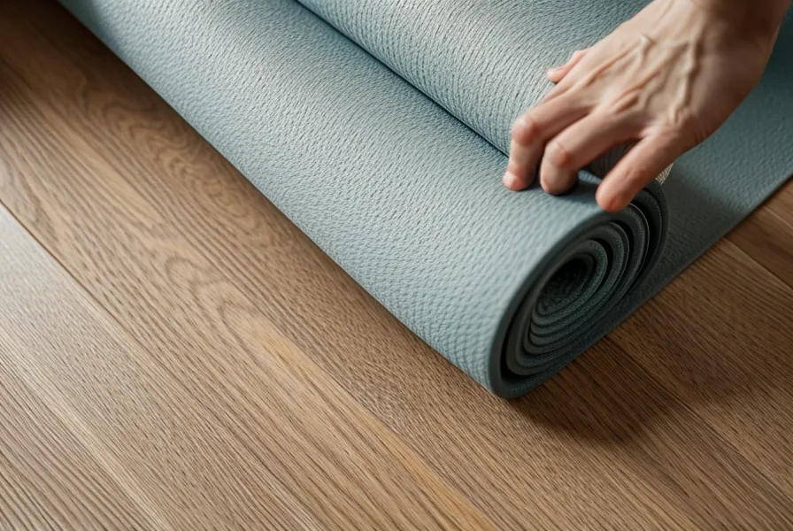Coin yoga paisible dans un salon avec un tapis et une tasse de thé