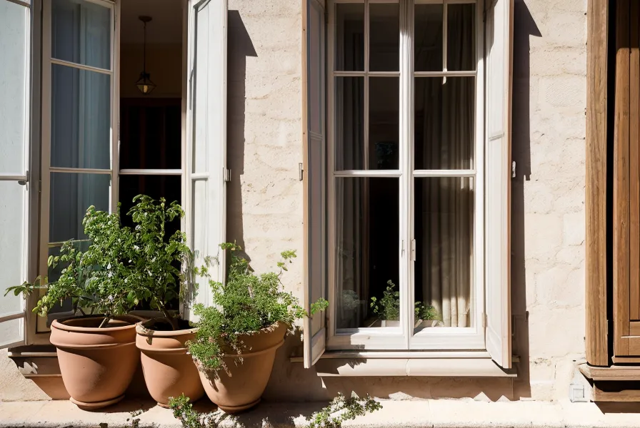 Vue apaisante depuis une fenêtre d'un appartement provençal le matin