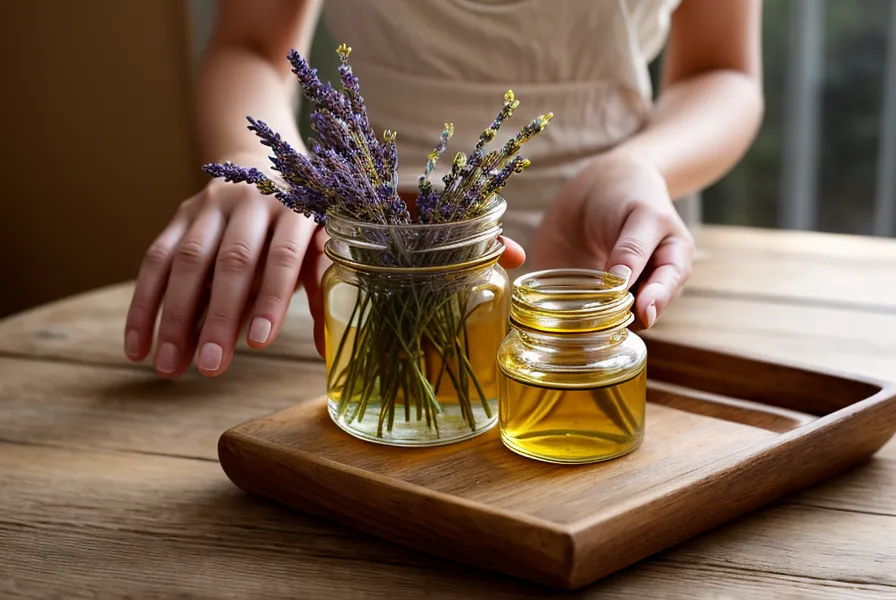 Mains préparant une huile de massage naturelle à l'arnica et à la lavande.