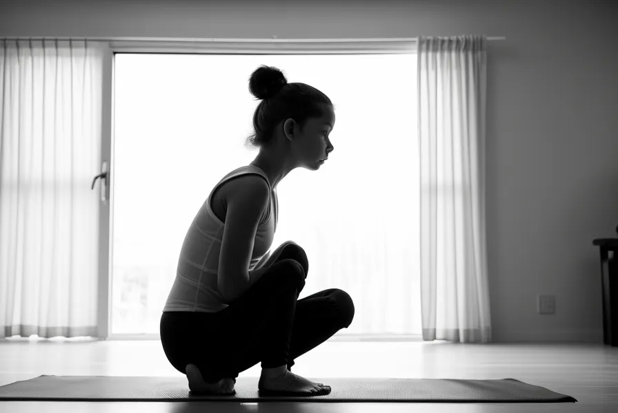 Femme pratiquant la posture de l'enfant pour soulager le bas du dos à la maison.