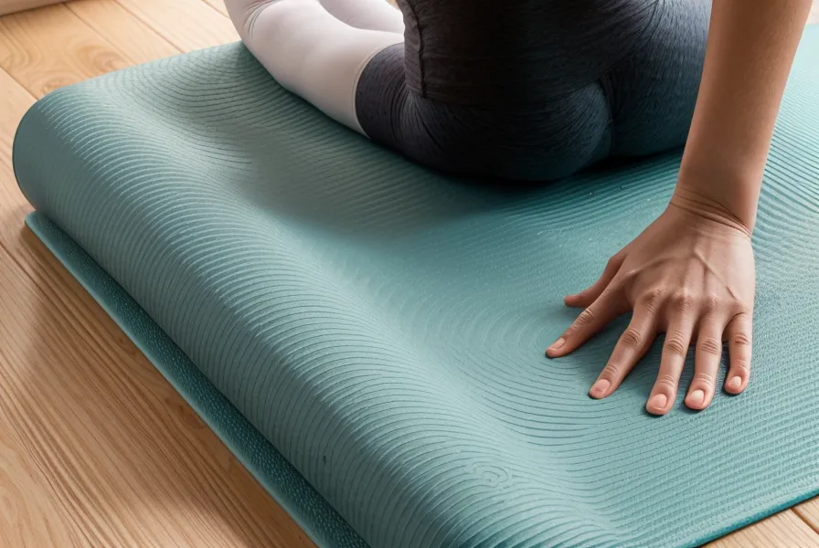 Détail de la texture d'un tapis de yoga fin de 1.5 mm sur un parquet.