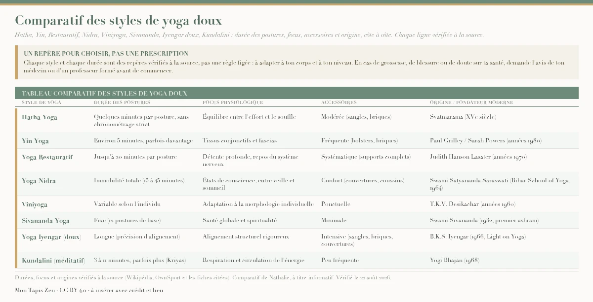 Comparatif de huit styles de yoga doux — Hatha, Yin, Restauratif, Nidra, Viniyoga, Sivananda, Iyengar doux et Kundalini — avec pour chacun la durée habituelle des postures (de quelques minutes à 45 minutes d'immobilité selon le style), le focus physiologique principal, l'utilisation d'accessoires et l'origine ou le fondateur moderne. Un repère pour choisir son style, pas une prescription : à adapter à son corps et à son niveau, et en cas de grossesse, de blessure ou de doute sur sa santé, à voir avec un médecin ou un professeur formé.